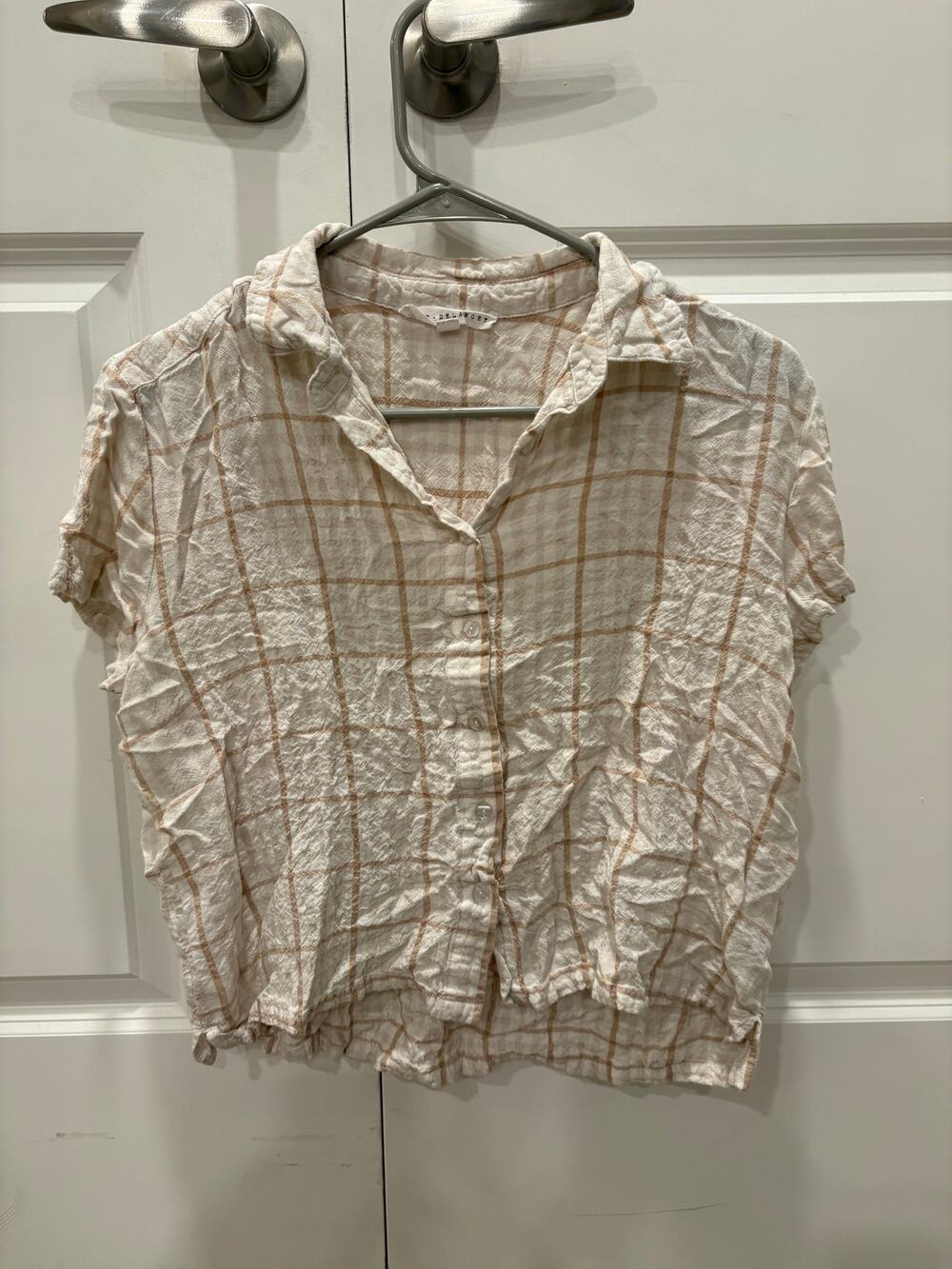Jane+Delancey Shirt, Womens Size Small, White Tan, Check, Button Up Short Sleeve